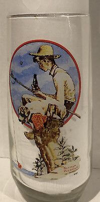 #ad NORMAN ROCKWELL 16 OZ COCA COLA AMERICANA SERIES BOY FISHING WITH DOG GLASS