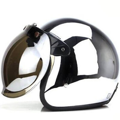 #ad DOT Motorcycle Helmet Open Face Sun Visor Scooter Chrome Silver off Road Helmet