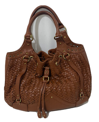 #ad Cole Haan Village Weave Handbag Brown Pebble Leather double handle Purse