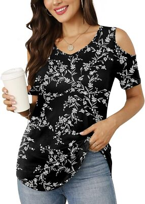#ad CATHY Women#x27;s V Neck Tunic Top Cold Shoulder T Shirt Short Sleeve Casual Tee Blo