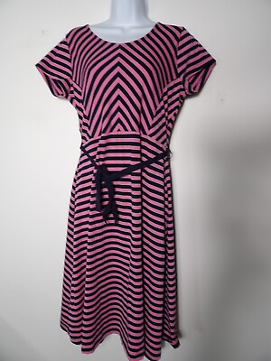 #ad Downeast Large Dress Pink Blue Stripe Midi Pullover Belted Short Sleeve