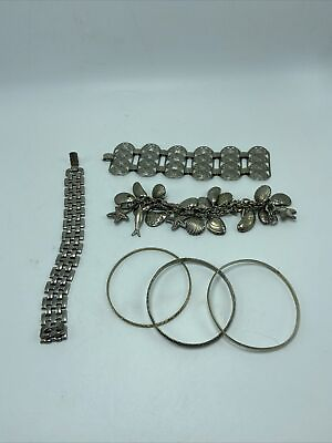 #ad Silver Bracelet#x27;s Women#x27;s Set Of 6 Charms Bangles Link