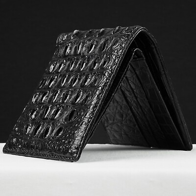 #ad Black Mens Crocodile Leather Bifold Wallet Extra Capacity RFID Blocking Handmade
