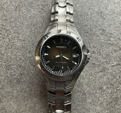#ad Fossil Mens Diver Style Watch AM3901 42mm All Stainless Steel Case Band B W