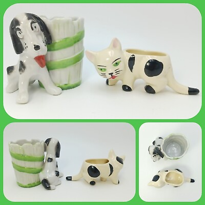 #ad 2 Vintage Ceramic Toothpick Holders Spotted Hound Dog amp; Spotted Cat JAPAN