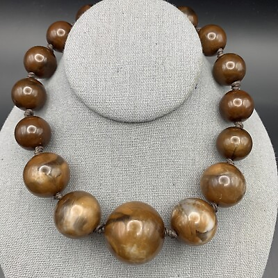 #ad Chunky Brown Acrylic Necklace Big Beaded Knotted Bold Bead Statement