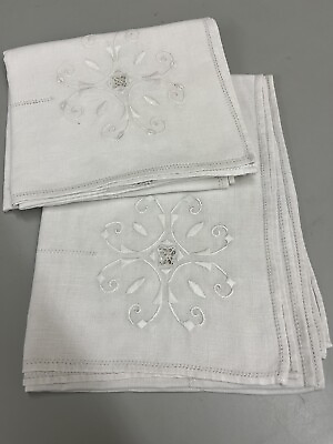 #ad PAIR Vintage White Linen Embroidered Drawn Thread Table Runners Dresser Scarves