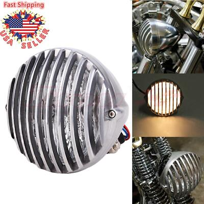 #ad Motorcycle Round Scalloped Finned Grill Headlight Chrome For Harley Bobber Dyna