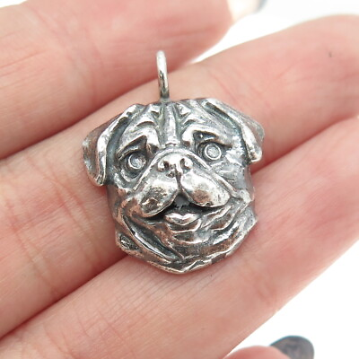 #ad 925 Sterling Silver Vintage Frank the Pug Dog Oxidized Charm Pendant