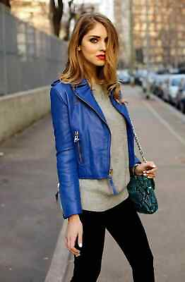 #ad Brand New Women#x27;s Blue Leather Jacket 100% Real Lambskin Motorcycle Biker Jacket