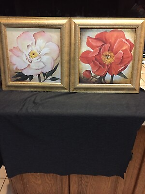 #ad 2 Floral Flower Pictures In Nice Gold Decorative Frames Signed SALLEY IN VGC