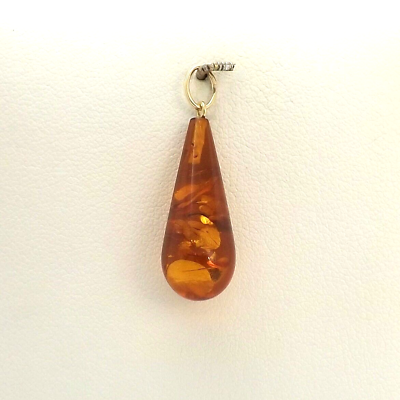 #ad 14k Gold Teardrop Genuine Baltic Amber Dangle Charm Pendant