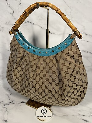 #ad Gucci Brown GG Monogram w Turquoise Studded Leather Trim Bamboo Handle Hobo Bag