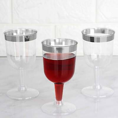 #ad 48 Pc Disposable Wine Glasses Clear Silver Rim Plastic Party Champagne Flute 5oz