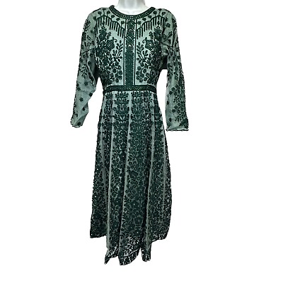 #ad handmade green Embroidered long sleeve Layered embellished dress