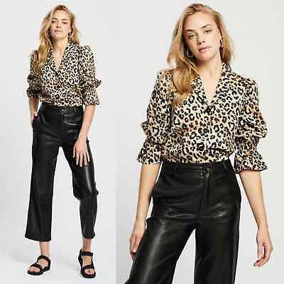 #ad KITRI Bretta Leopard Puff Sleeve Ruffle Cuff Oversized Button Down Blouse Top 6