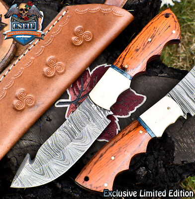 #ad CSFIF Custom Skinner Knife w Gut Hook Twist Damascus Hard Wood Gift Closeout