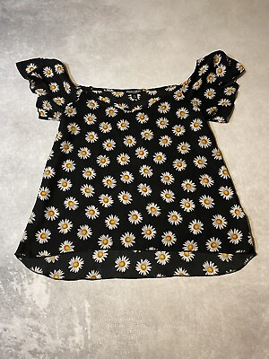 #ad About A Girl Women’s Allover Daisy Flower Print Shirt Blouse Top Black Sz Small