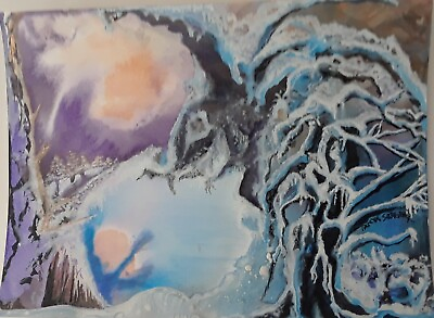#ad Original Art Watercolor Painting Blue Purple Metallic Winter Size 15x11