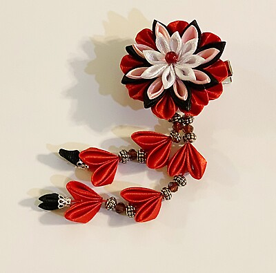 #ad One pc Of Japanese Kanzashi Hair Clip Made With Red Black White Pink Fabric $19.99