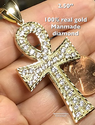 #ad GoLD ANKH pendant Cross EGYPTIAN 10K yellow cz charm solid fine jewelry 2.50quot;