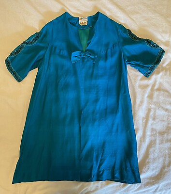 #ad VINTAGE Marsha Mayne 1950s Size S Sequin Teal Blue Opera Coat 3 4 Jacket Bow