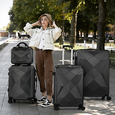 #ad 4 Piece Hardside Luggage Suitcase Set with 360° Double Spinner Wheels TSA Lock c