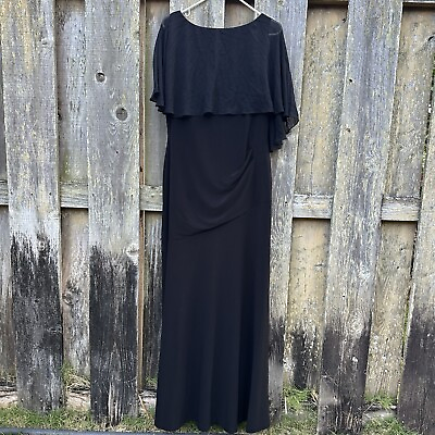 #ad Lauren Ralph Lauren Long Evening Dress Women’s 14 Black Ruffle Lace Cape