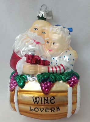 #ad Kurt Adler Santa and Mrs Claus Wine Lovers Christmas Handcrafted Glass Ornament