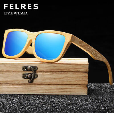 #ad Men Women Bamboo Wood Polarized Sunglasses Wooden Frame Square Glasses UV400