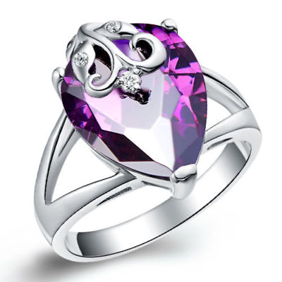 #ad Platinum Purple Zirconia Heart Band Ring B86