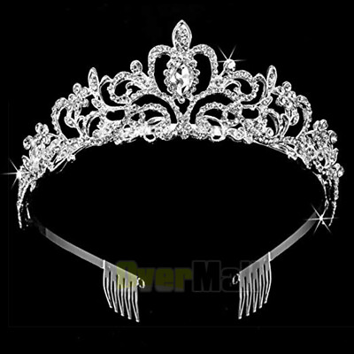 #ad Bridal Princess Crystal Tiara Wedding Crown Veil Hair Accessory SilverTwo Combs