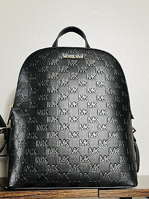 #ad MICHAEL KORS Cindy Large Perforated Leather Backpack MK Logo NEW $378