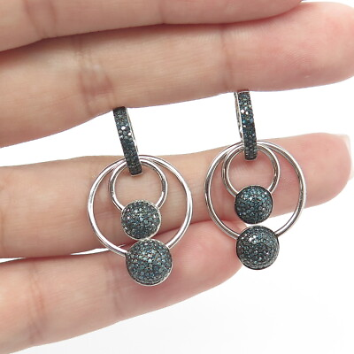 #ad 925 Sterling Silver Real Fancy Blue Diamond Cluster Round Dangling Drop Earrings