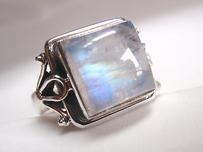 #ad Elegant Moonstone Square Ring 925 Sterling Silver Solid and Heavy Sz 5.5 to 9.75