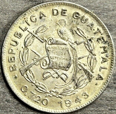 #ad 1943 10 Centavos Republic of Guatemala 72% Silver In AU Condition