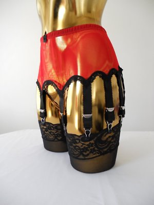 #ad XL Red Mesh 14 Black Strap Designer Burlesque Retro Plus Size Suspender Belt