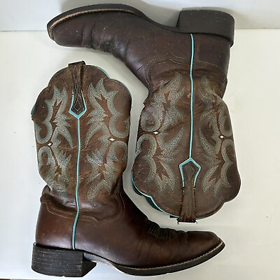 #ad Ariat Boots Western Cowboy Pull On Brown Leather Teal Embroidery SIze 9.5 B