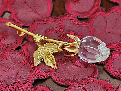 #ad Vintage Crystal Rose Bud Cut Flower Stem Gold Tone Brooch Pin Large 3quot;