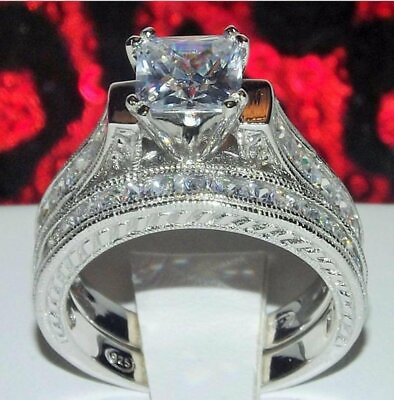 #ad 2.83 Princess Cut Diamond Simulated Wedding Engagement Ring Set Womens Bridal
