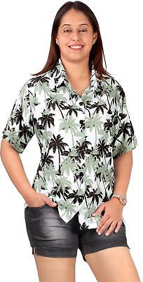#ad LA LEELA Women#x27;s Button Down Blouses Casual Summer Shirts XL Palm Tree Grey