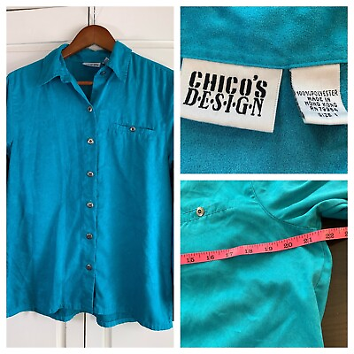 #ad Chicos 1 Blouse Women’s Medium Turquoise Button Office Career Professional FLAW