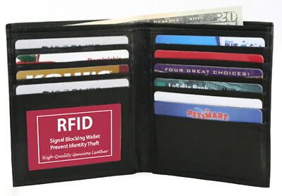 #ad RFID Blocking Black Genuine Leather Men#x27;s Hipster Wallet Card Holder