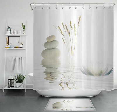 #ad Meditation Japanese Lotus Spa Shower Curtain Zen Stone Bathroom Accessory Set