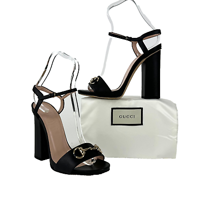 #ad Gucci Auth 7.5 US 37.5 EU Black Leather Horsebit Sandals Shoes Heels Platforms