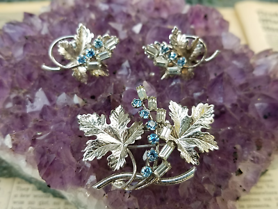 #ad Carl Art sterling silver maple leaf and rhinestone pendant brooch earrings vinta