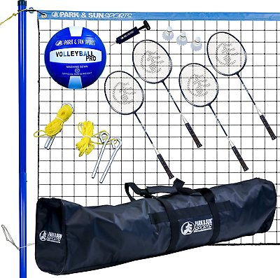 #ad Volley Sport Combo Set: Portable Outdoor Badminton Volleyball Net System Blue