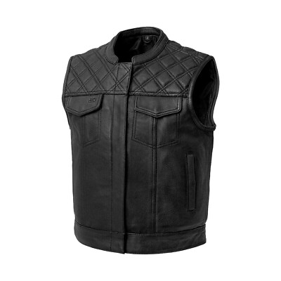 #ad Men#x27;s Black Leather Handmade Motorcycle and Club Vest Diamond Stitch