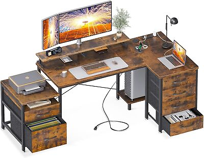 #ad AODK L Shaped Computer Desk with File Drawers amp; Power Outlet 72quot; Corner Desk wi