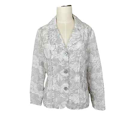 #ad Chico#x27;s Sz 1 Blouse Womens 8 Blazer Style Gray Floral Lined Art Buttons Wedding
